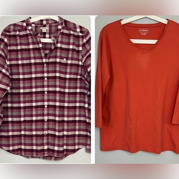 Bundle 2 L L Bean Size M Pullover Shirt & Button Up Shirt Orange Plaid Essential - Picture 1 of 16